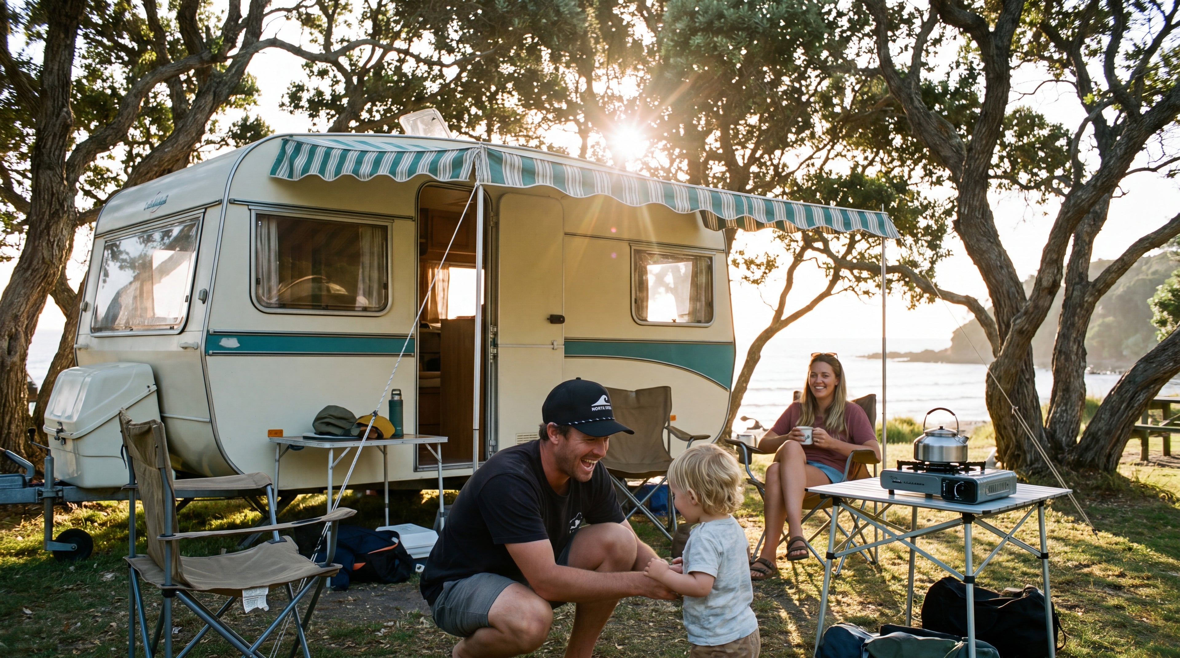 A family camping beside a vintage caravan at a coastal New Zealand campsite, the father wearing a black North Swell snapback