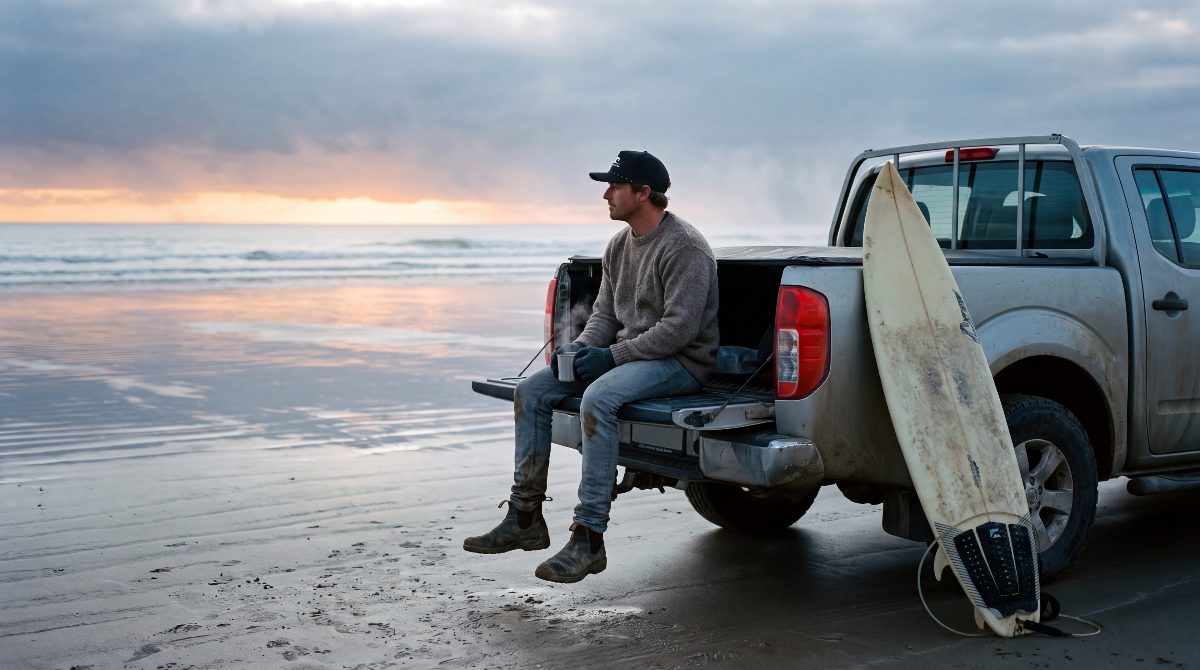 A surfer sitting on a ute tailgate at dawn on a Far North beach wearing a black North Swell snapback